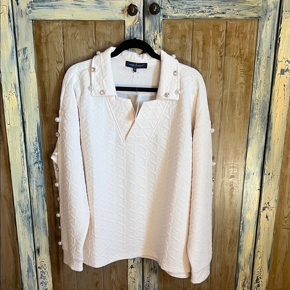 Cracker Barrel Pearl-Embellished White Sweatshirt